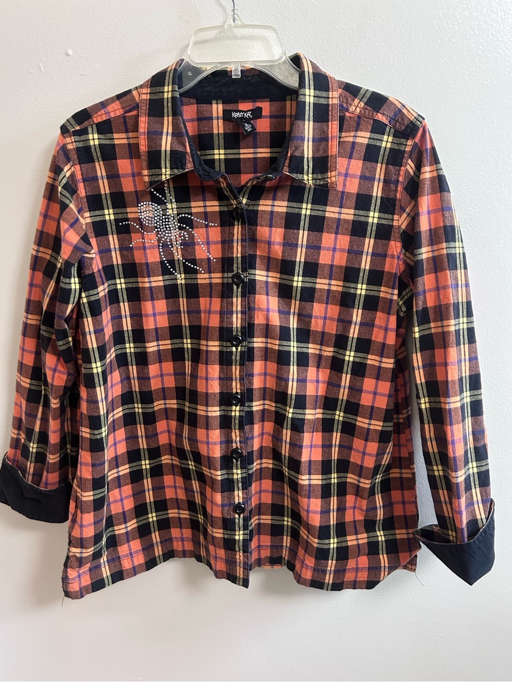 Vtg Krazy Kay Orange Black Plaid Spider Halloween Fall LS Button Front Shirt XL